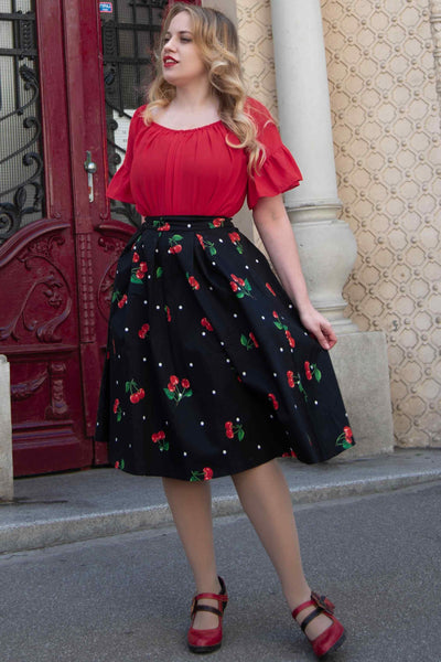 Carolyn Black Box Pleat Polka Dot/Cherry Print Swing Skirt