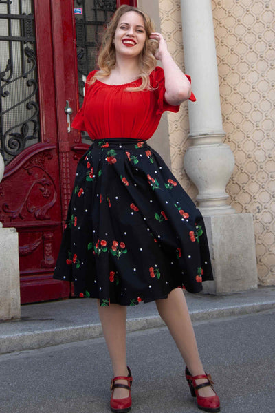 Carolyn Black Box Pleat Polka Dot/Cherry Print Swing Skirt