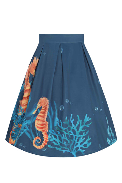 PRE-ORDER Carolyn Cotton Box Pleat Skirt - Blue & Sea Horse