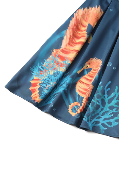PRE-ORDER Carolyn Cotton Box Pleat Skirt - Blue & Sea Horse