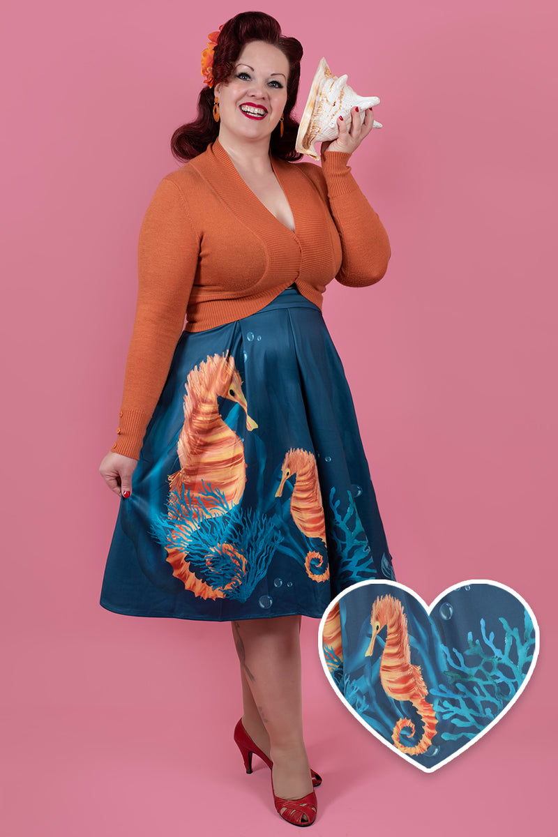 PRE-ORDER Carolyn Cotton Box Pleat Skirt - Blue & Sea Horse