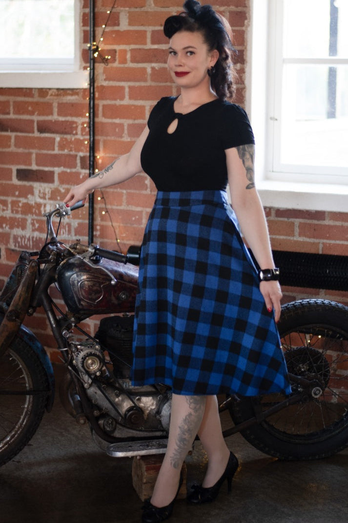 PRE ORDER Carolyn Box Pleat Check Skirt in Blue-Black