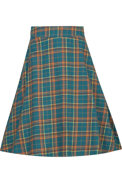 Shirley High Waist Full Circle Skirt in Teal Tartan