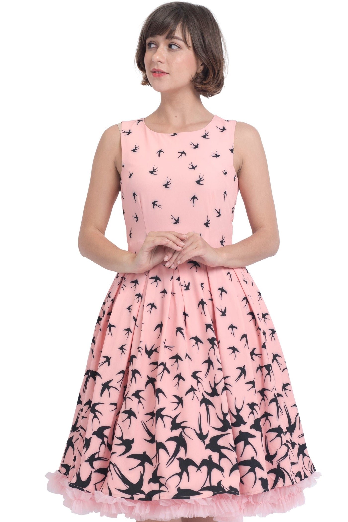 EU STOCK Annie Swing Dress in Pink & Black Raising Swallow Birds