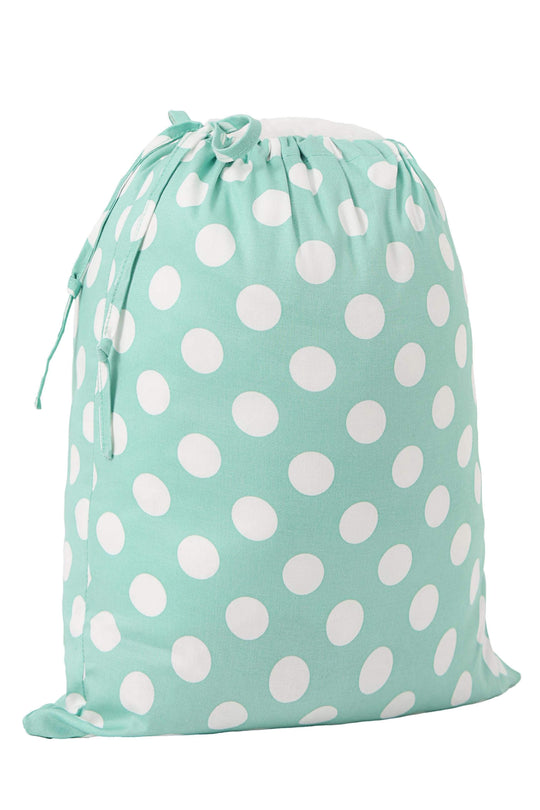 Front view of Linwood Sage Polka Dot Drawstring Fabric Storage Bag