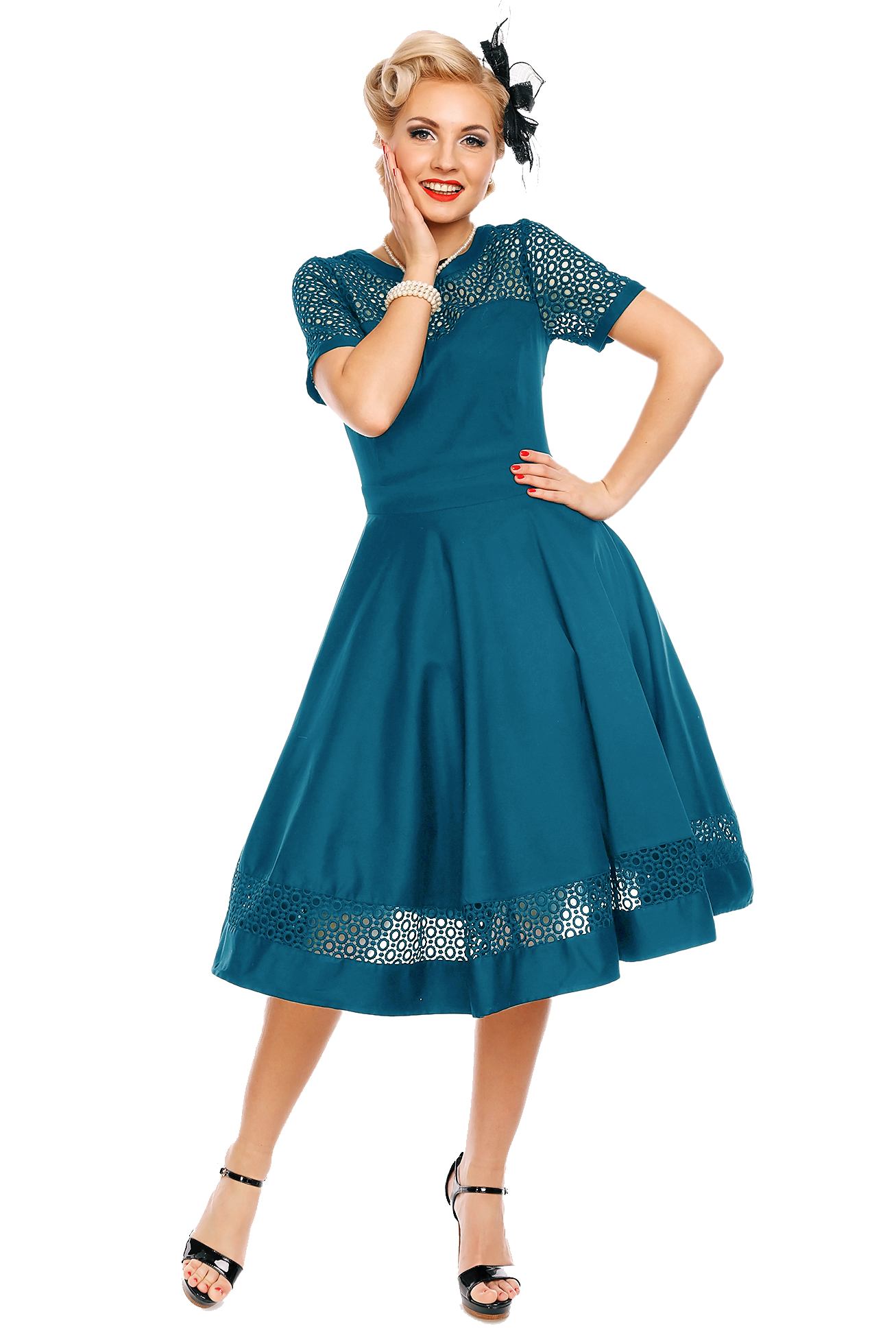 Woman's Lace Sleeved Dress in Peacock Blue
