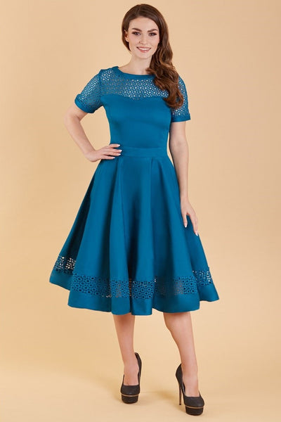 Woman's Lace Sleeved Dress in Peacock Blue