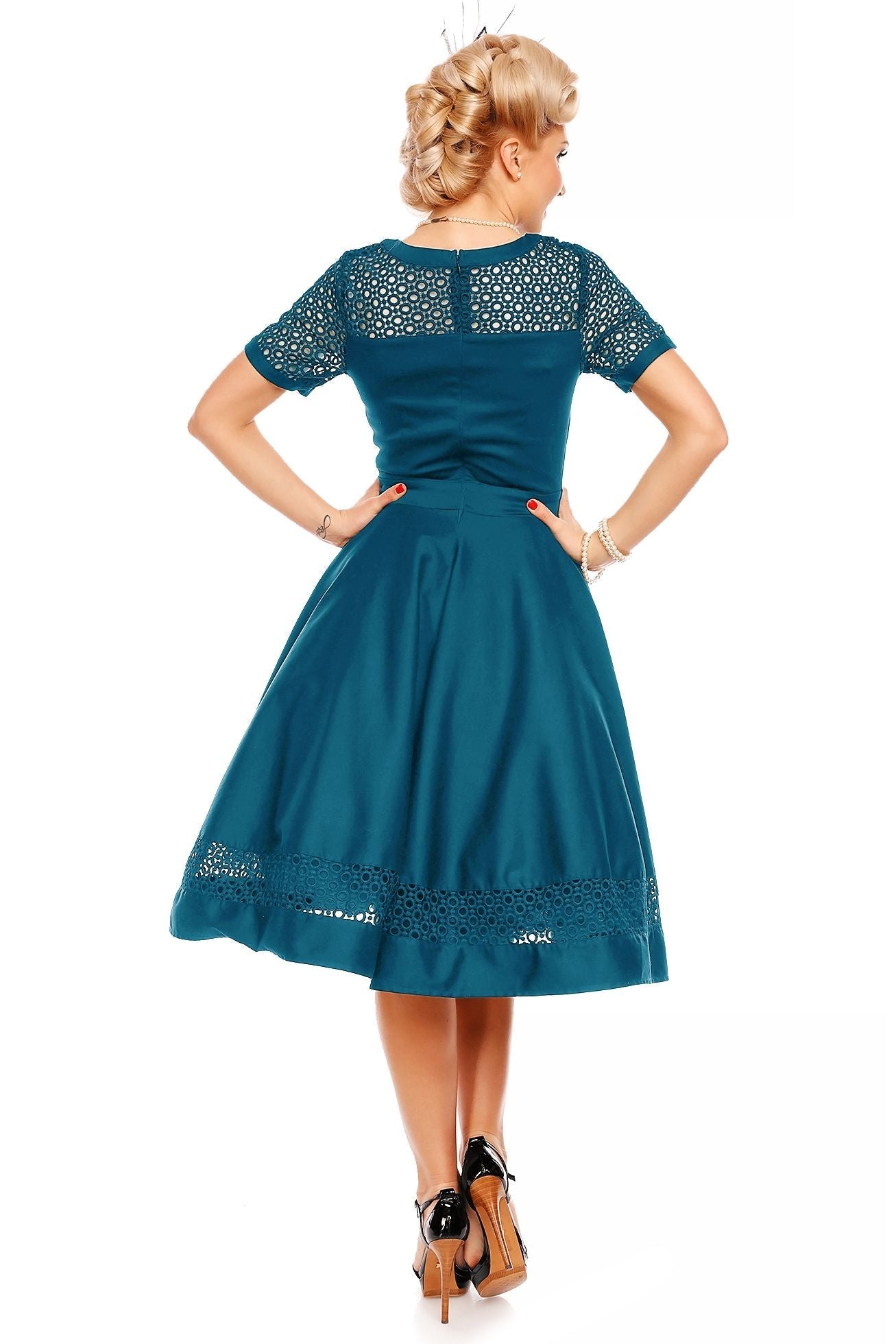 Woman's Lace Sleeved Dress in Peacock Blue