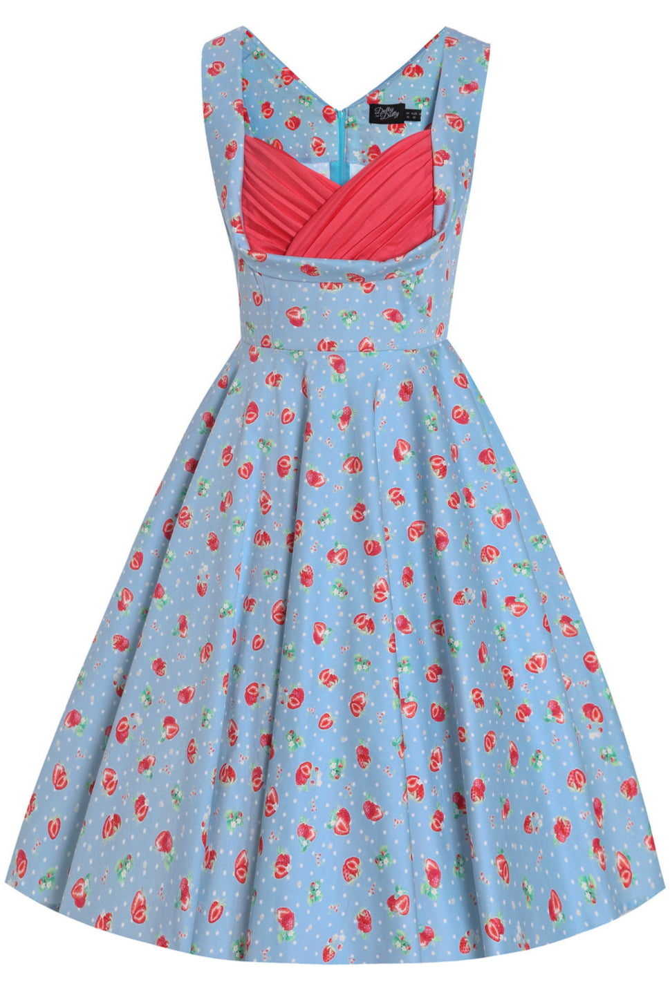 EU STOCK Grace Pleated 50's Style Swing Dress in Light Blue Strawberry Print