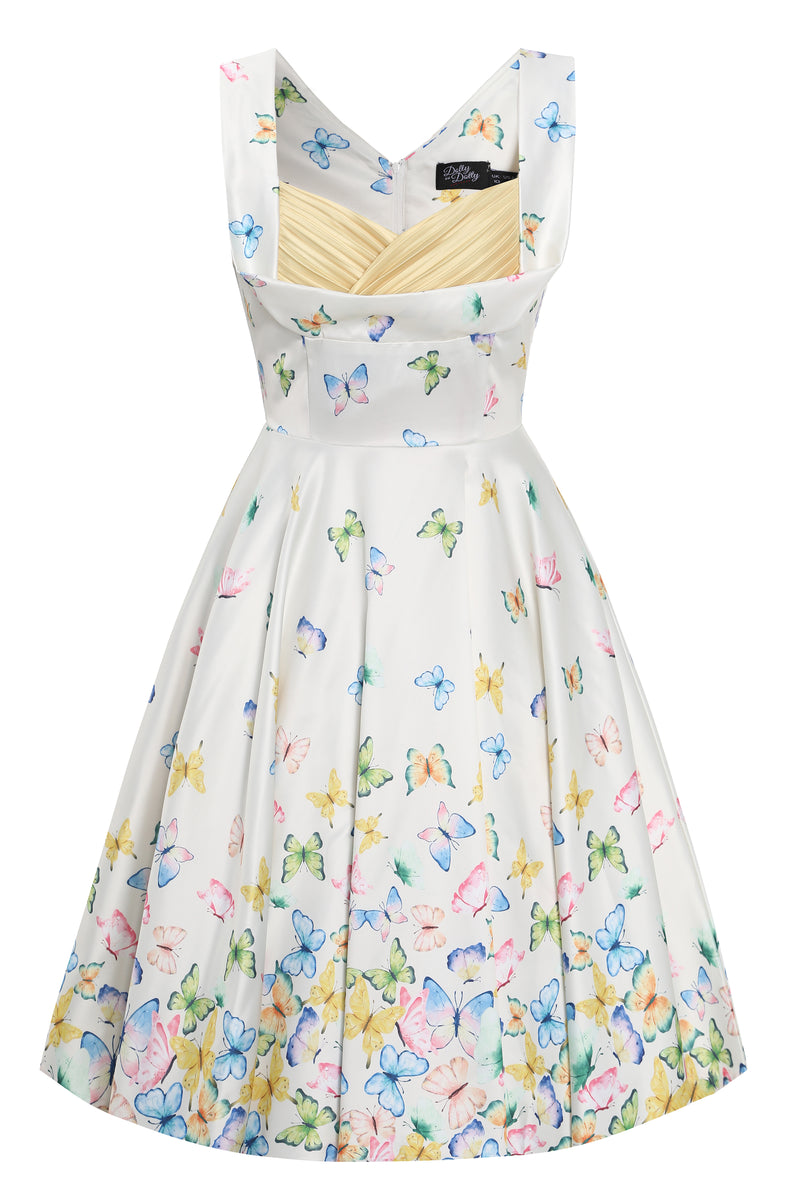 EU STOCK Grace Vintage Style Jive Dress In White Butterfly Print