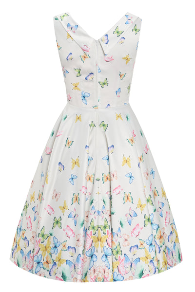 EU STOCK Grace Vintage Style Jive Dress In White Butterfly Print