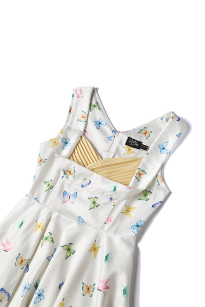 EU STOCK Grace Vintage Style Jive Dress In White Butterfly Print