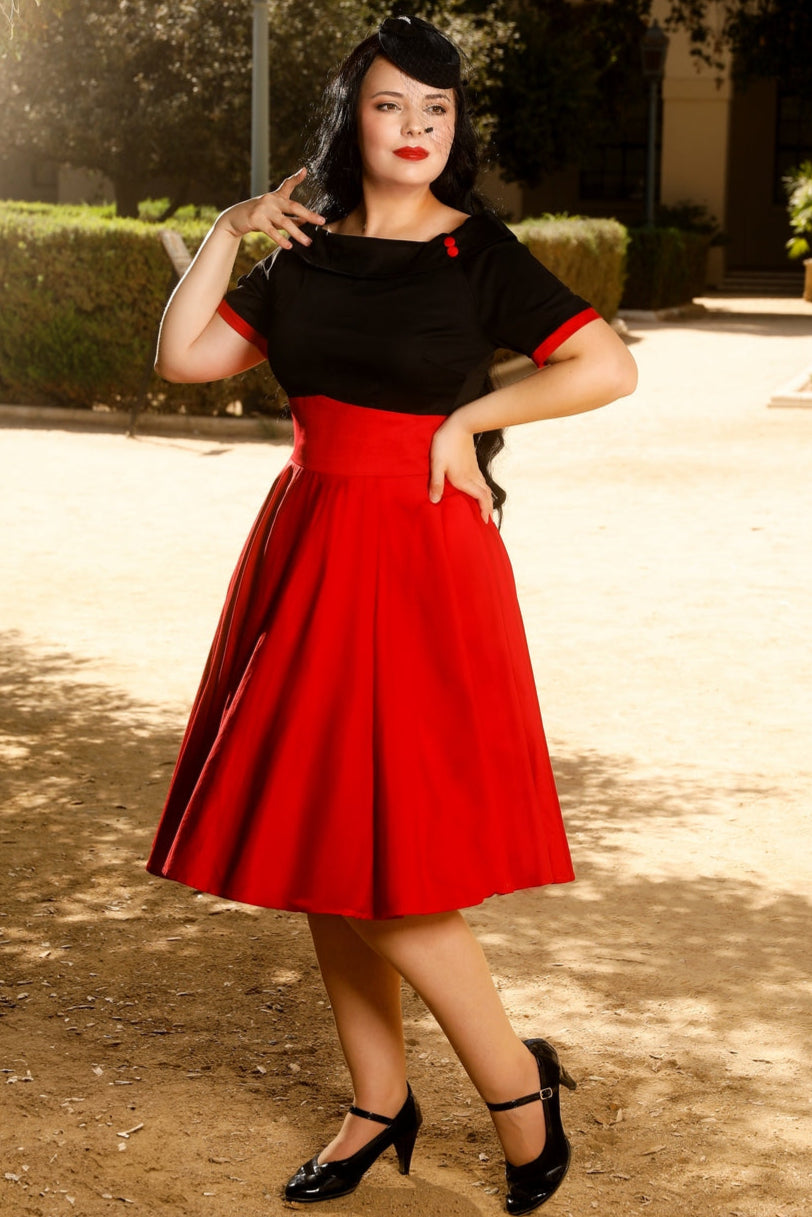 Darlene Stretchy Circle Swing Dress - Black & Burgundy Red