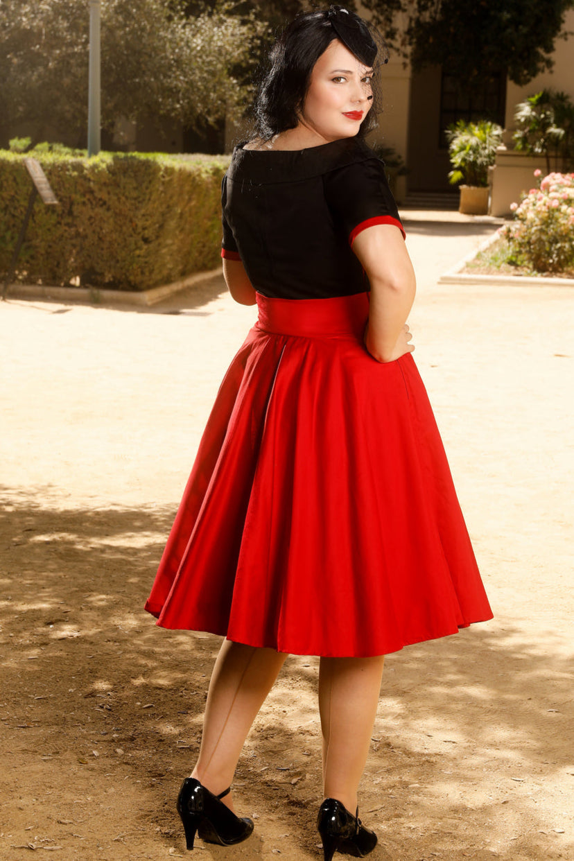 Darlene Stretchy Circle Swing Dress - Black & Burgundy Red