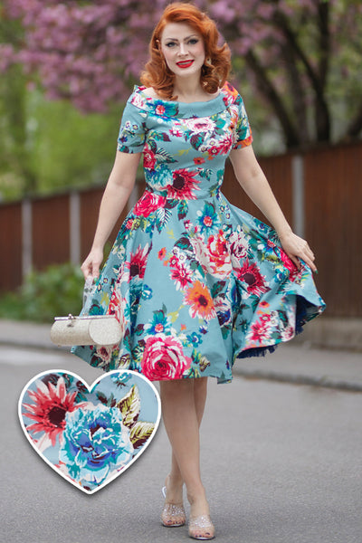 EU STOCK Darlene Blue Floral Swing Dress