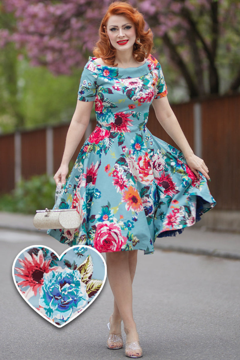 EU STOCK Darlene Blue Floral Swing Dress