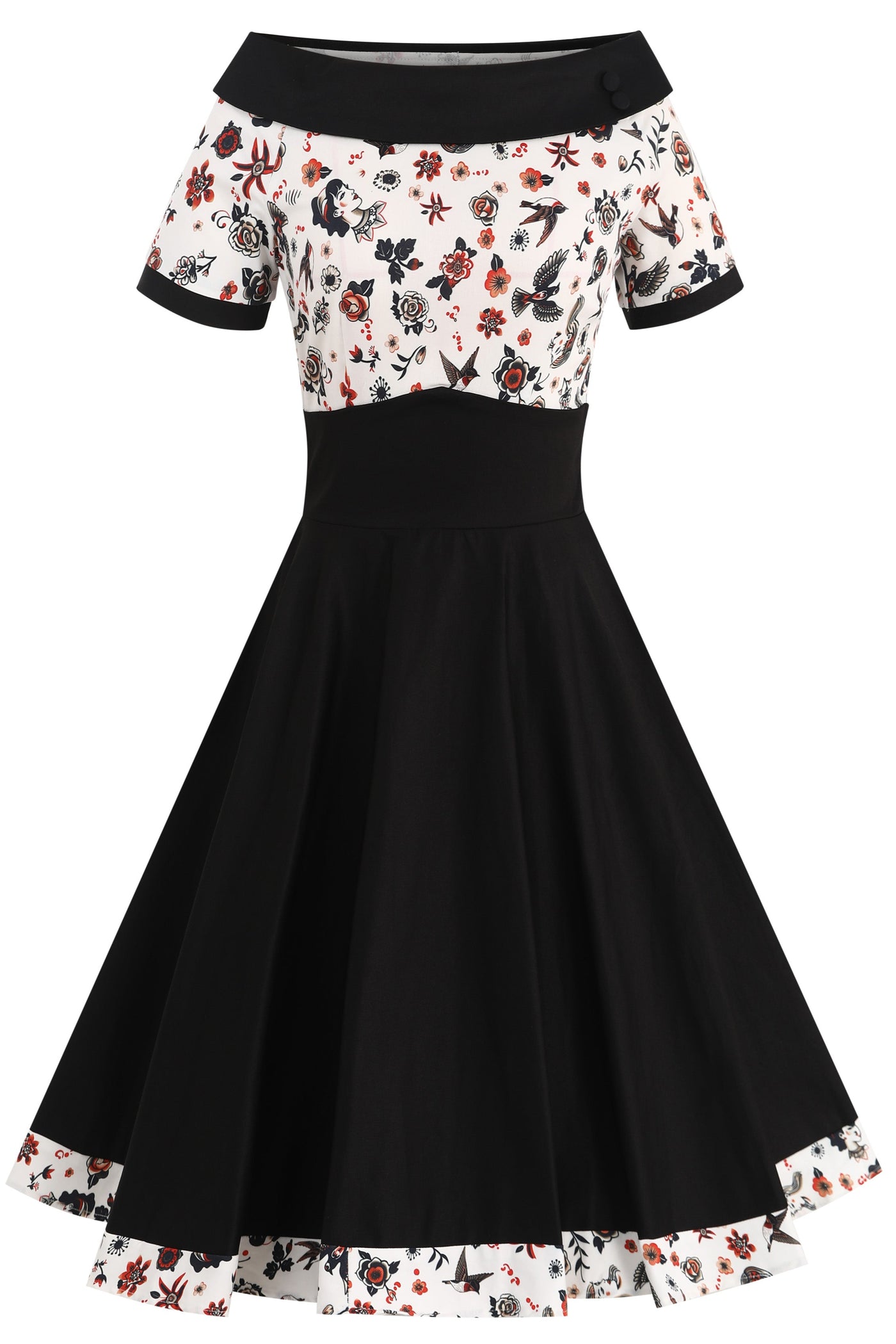 EU STOCK Darlene Black Rockabilly Tattoo Print Swing Dress