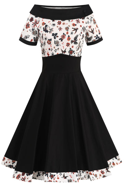 EU STOCK Darlene Black Rockabilly Tattoo Print Swing Dress