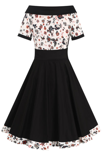 EU STOCK Darlene Black Rockabilly Tattoo Print Swing Dress