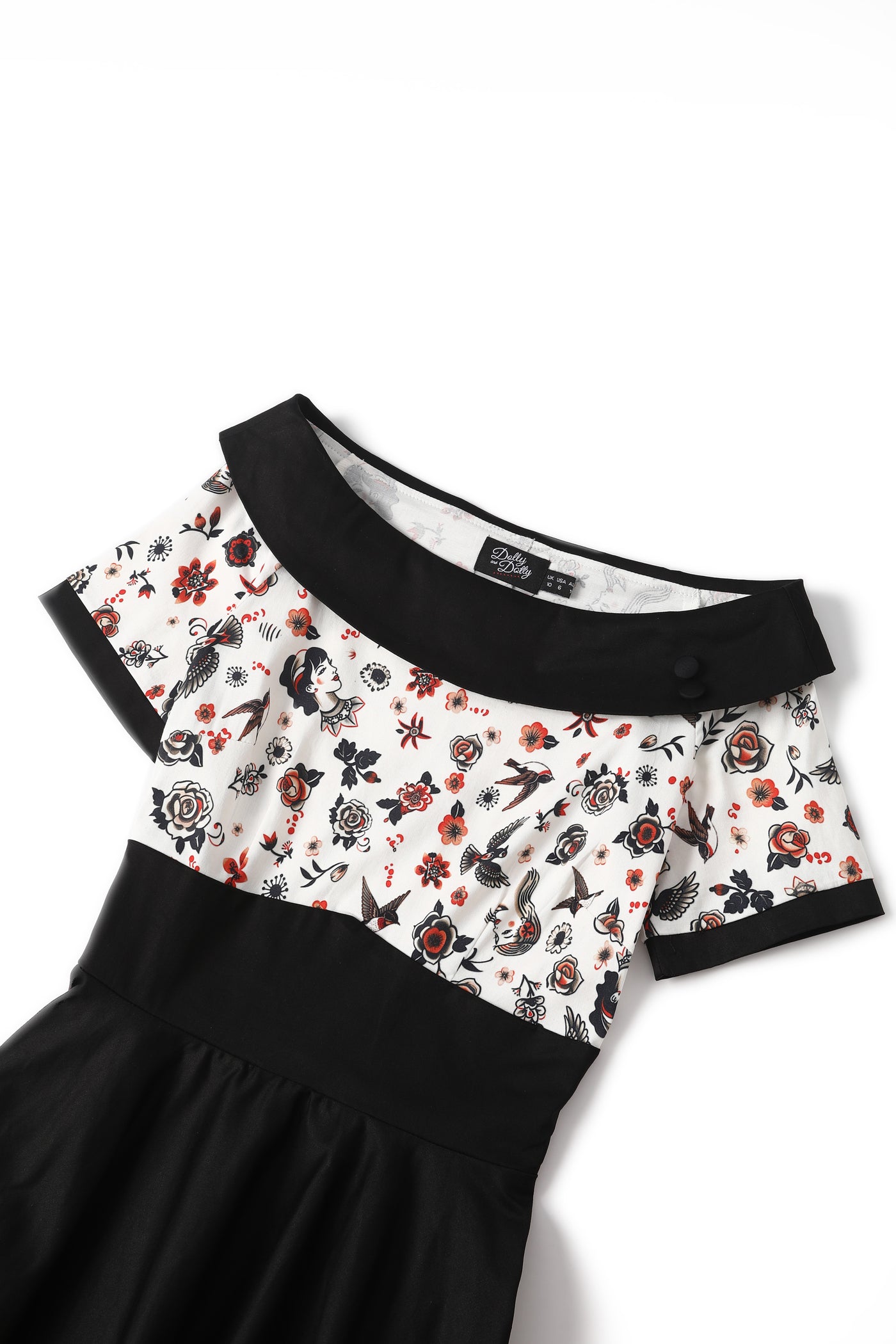 EU STOCK Darlene Black Rockabilly Tattoo Print Swing Dress