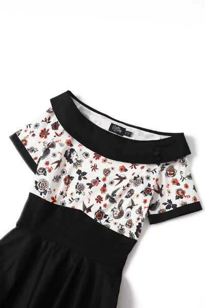 EU STOCK Darlene Black Rockabilly Tattoo Print Swing Dress