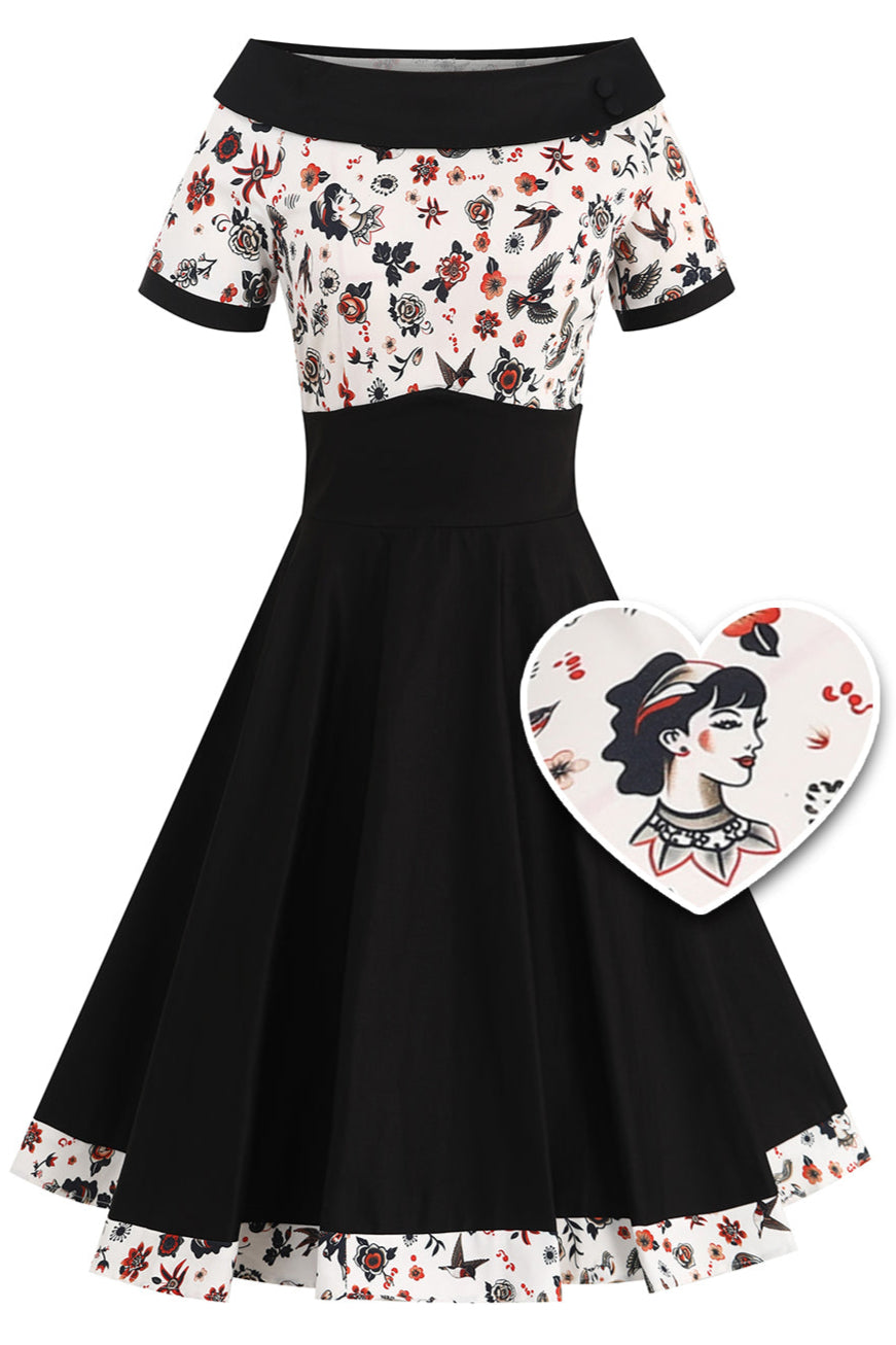 EU STOCK Darlene Black Rockabilly Tattoo Print Swing Dress
