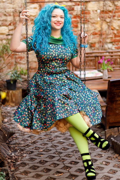 Darlene Dark Green Vintage-Inspired Cactus and Cat Print Dress