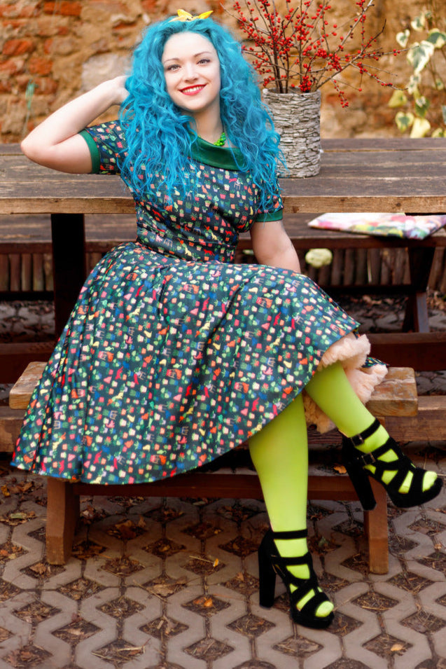 Darlene Dark Green Vintage-Inspired Cactus and Cat Print Dress