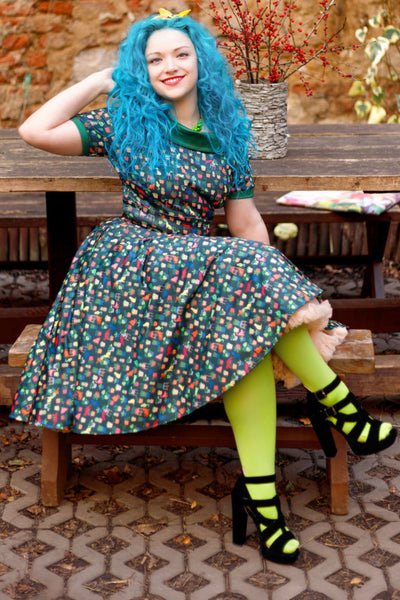 Darlene Dark Green Vintage-Inspired Cactus and Cat Print Dress