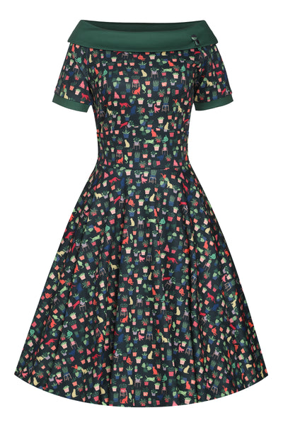 Darlene Dark Green Vintage-Inspired Cactus and Cat Print Dress