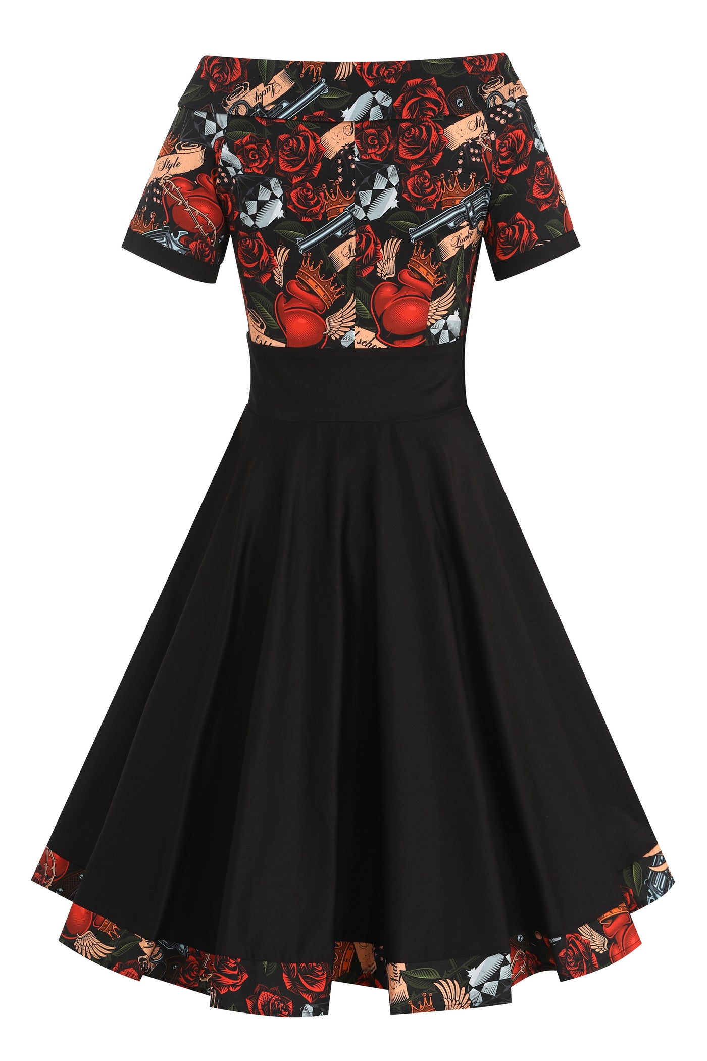 Darlene Black Rockabilly Heart & Roses Retro Print Swing Dress