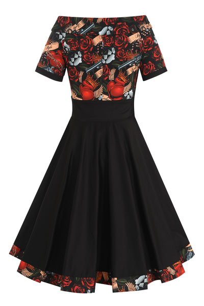 Darlene Black Rockabilly Heart & Roses Retro Print Swing Dress