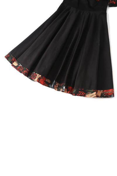 Darlene Black Rockabilly Heart & Roses Retro Print Swing Dress
