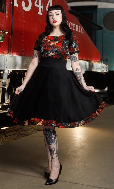 Darlene Black Rockabilly Heart & Roses Retro Print Swing Dress