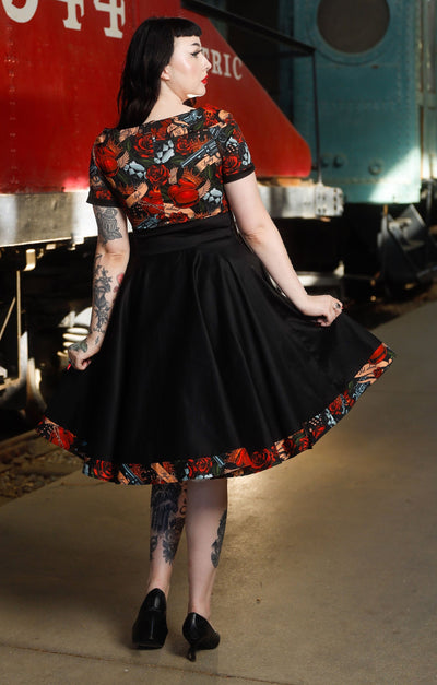 Darlene Black Rockabilly Heart & Roses Retro Print Swing Dress