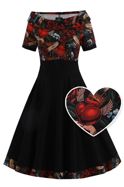 Darlene Black Rockabilly Heart & Roses Retro Print Swing Dress