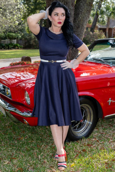 Darlene Stretchy Circle Swing Dress - Navy Blue