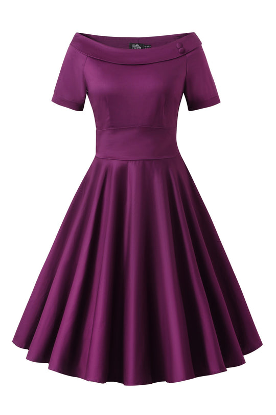 Darlene Purple Off Shoulder Swing Dress — front view
