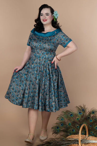 PRE ORDER Darlene 50's Style Swing Dress in Blue & Peacock Feather Print