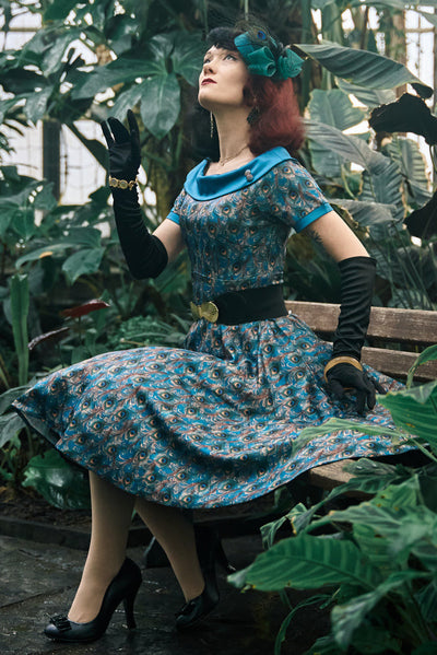 PRE ORDER Darlene 50's Style Swing Dress in Blue & Peacock Feather Print