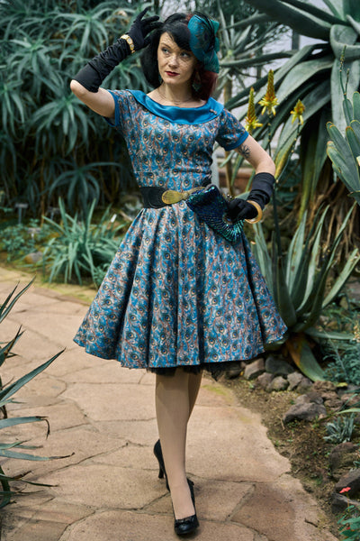 PRE ORDER Darlene 50's Style Swing Dress in Blue & Peacock Feather Print