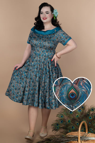 PRE ORDER Darlene 50's Style Swing Dress in Blue & Peacock Feather Print