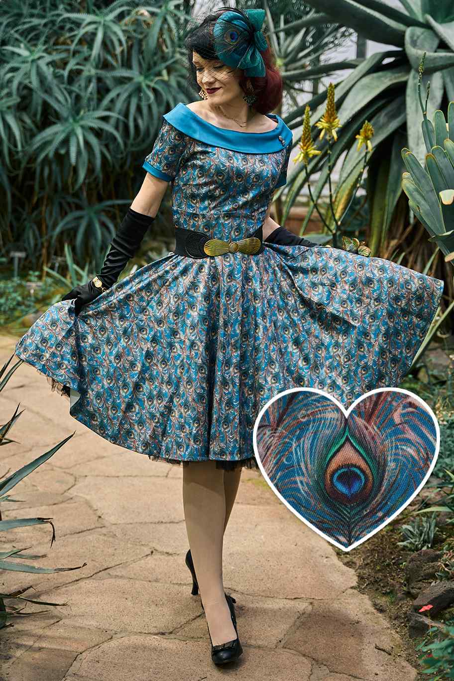 Darlene 50's Style Swing Dress in Blue & Peacock Feather Print