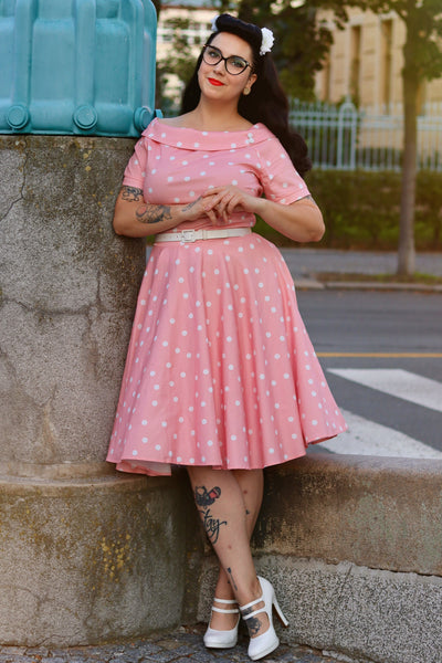 PRE-ORDER Darlene Rockabilly Polka Dot Dress in Pale Pink/White Dress