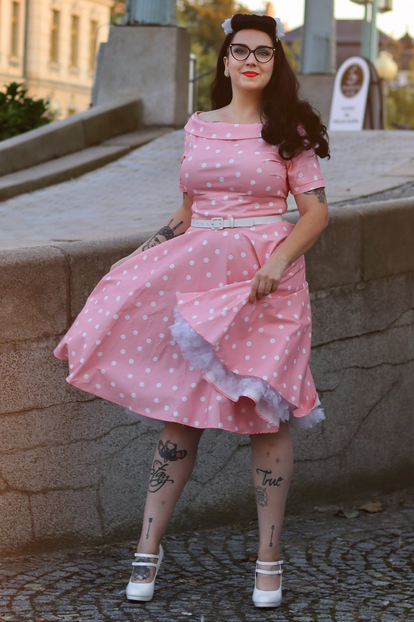 PRE-ORDER Darlene Rockabilly Polka Dot Dress in Pale Pink/White Dress