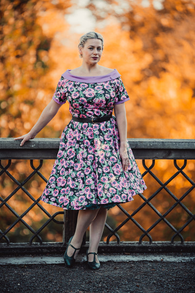 PRE ORDER Darlene 50's Style Swing Dress in Purple and Poppy