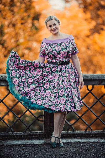 PRE ORDER Darlene 50's Style Swing Dress in Purple and Poppy