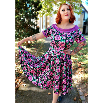 PRE ORDER Darlene 50's Style Swing Dress in Purple and Poppy