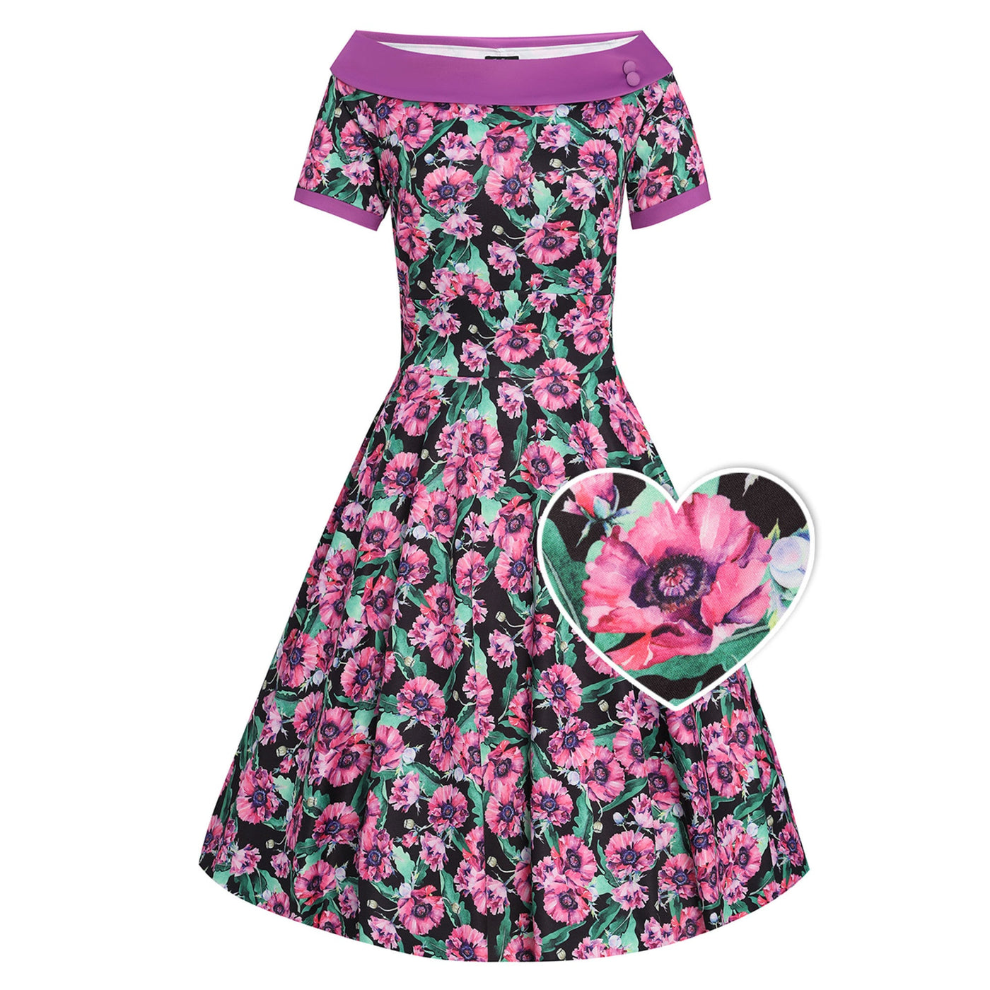 PRE ORDER Darlene 50's Style Swing Dress in Purple and Poppy