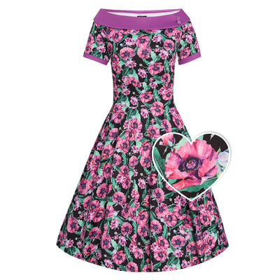 PRE ORDER Darlene 50's Style Swing Dress in Purple and Poppy
